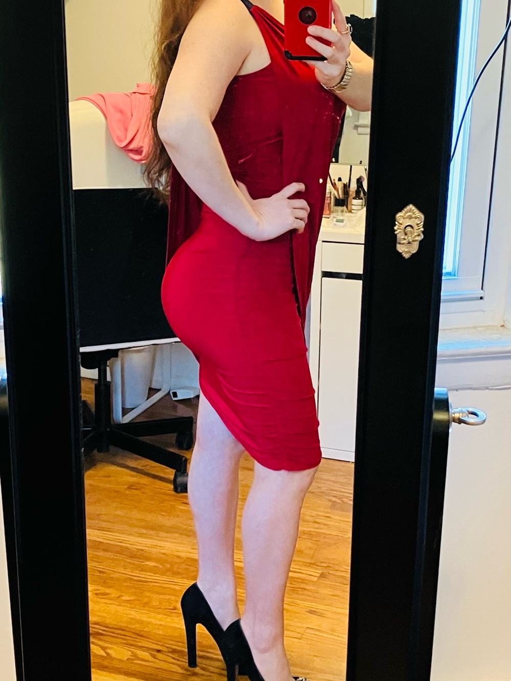 Red One Shoulder Ruched Draped Jersey Bodycon Knee Dress Size S Stretch